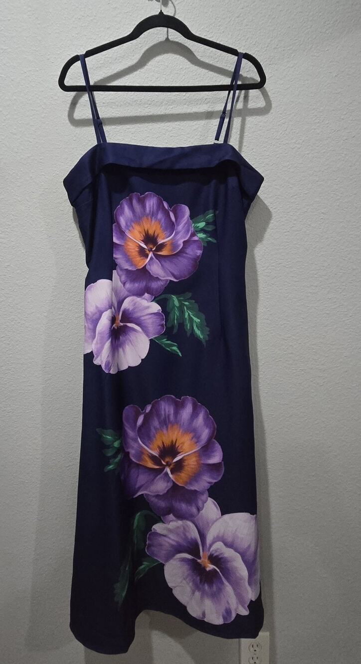 Yumi Dress 10 Blue Floral Pansy Strappy Midi Lined